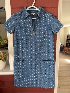 Manoush Paris Denim Short-Sleeve Zip Mini Dress with Embroidered Floral Pattern